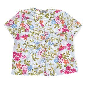 Vintage Hampton Row, Floral Button Down Short Sleeve Shirt / V-Neck Top